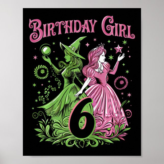 Kids 6th Birthday Witch Pink And Green 6 Years Old Poster (Front)