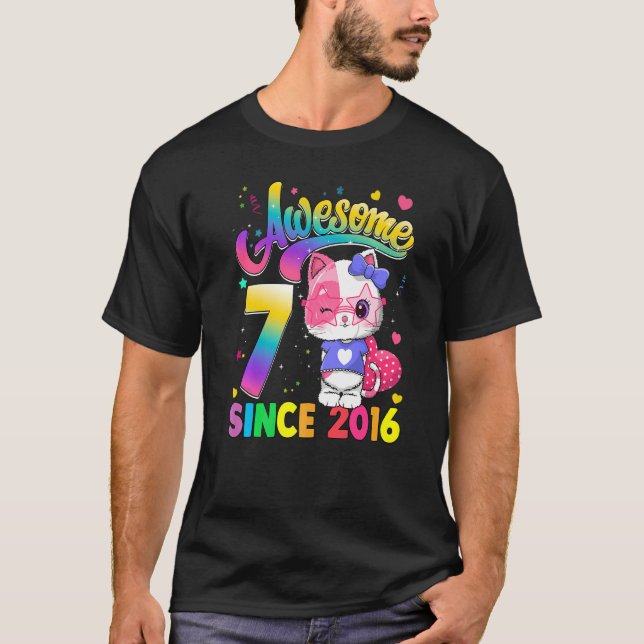 Kids 7 Year Old Cat Awesome Since 2016 Cat 7th Bir T-Shirt (Front)