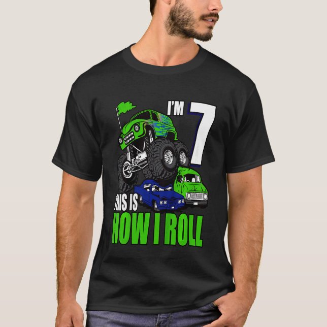 Kids 7 Years Old 7th Birthday Monster Trucks  Boys T-Shirt (Front)