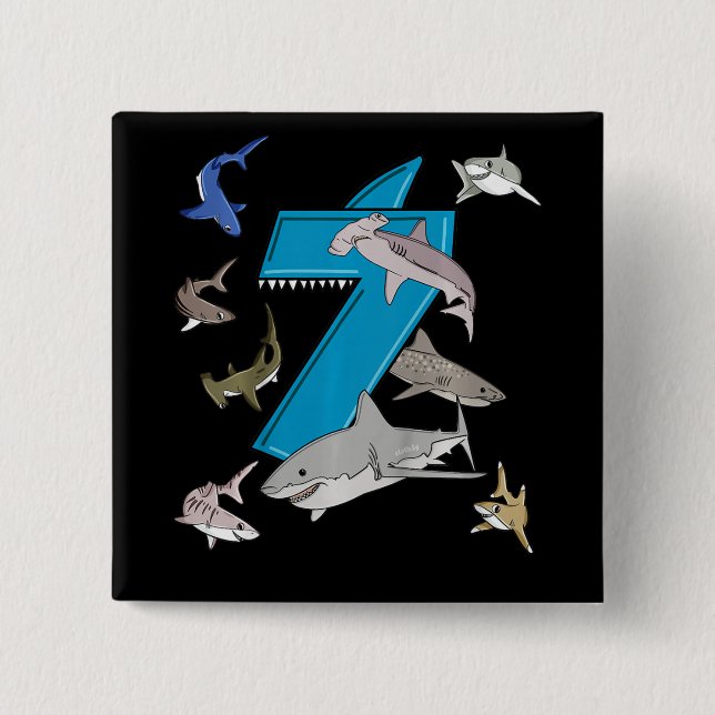 Kids 7th Birthday Boys Shark White Shark 15 Cm Square Badge (Front)