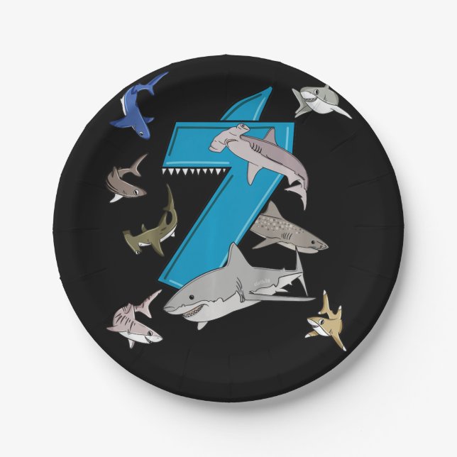 Kids 7th Birthday Boys Shark White Shark Paper Plate (Front)