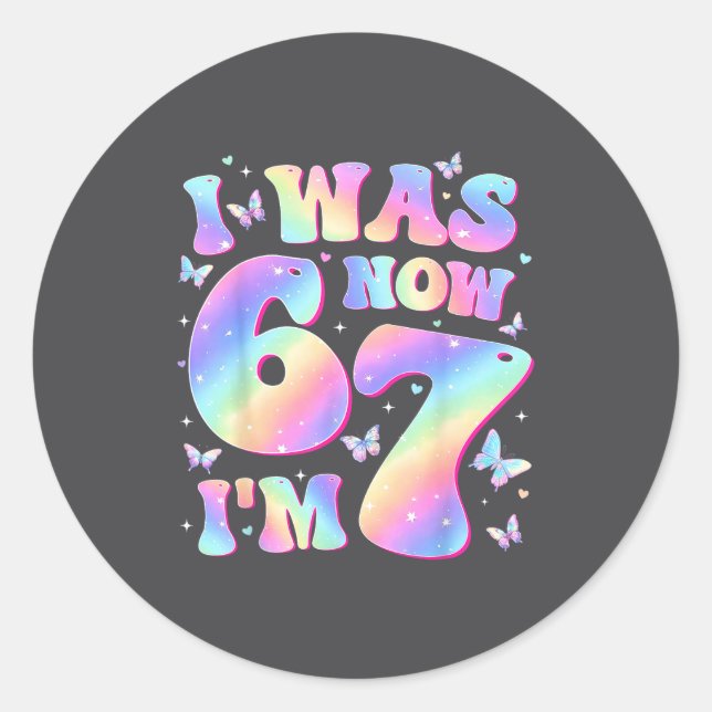 Kids 7th Birthday Girl Butterfly I Was 6 Now I'm 7 Classic Round Sticker (Front)