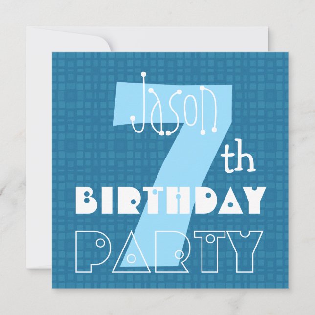 Kid's 7th Birthday Seven Year Old Blue White 007 Invitation (Front)