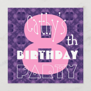 Kid's 8th Birthday Custom Name Modern Pink Purple Invitation