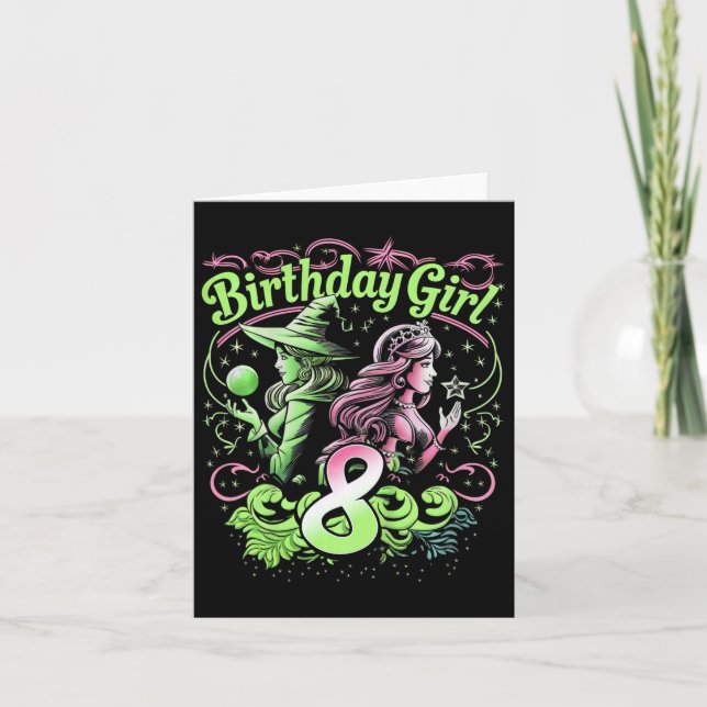 Kids 8th Birthday Witch Pink And Green 8 Years Old Card (Front)