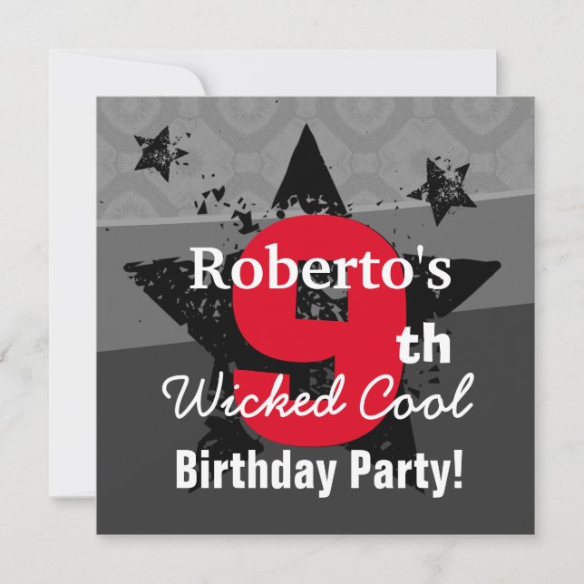 KIDS 9th Birthday Charcoal Red Grunge C9SA Invitation (Front)