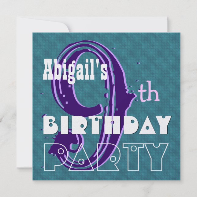 Kid's 9th Birthday Custom Name Purple Teal V002 Invitation (Front)