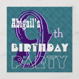 Kid's 9th Birthday Custom Name Purple Teal V002 Invitation