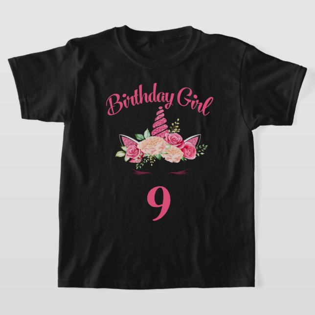 Kids 9th Birthday Girl Unicorn Shirt 9th Birthday  (Laydown)