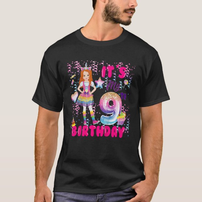Kids 9th Birthday  Girls 9 Yr Red Haired 9th B Day T-Shirt (Front)