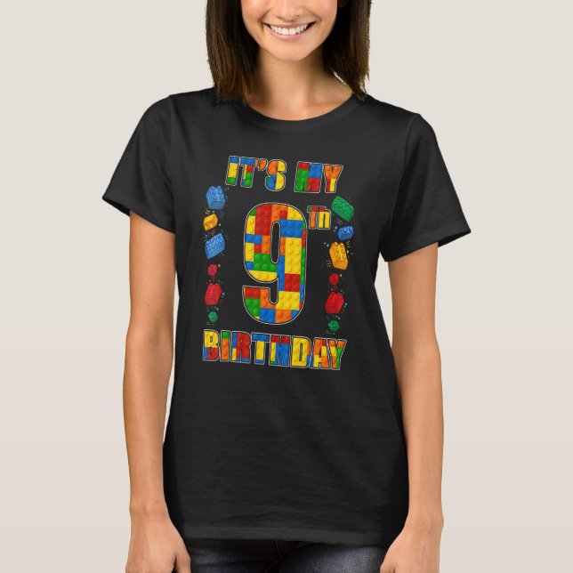 Kids 9th Birthday Master Builder 9 Years Old Block T-Shirt (Front)