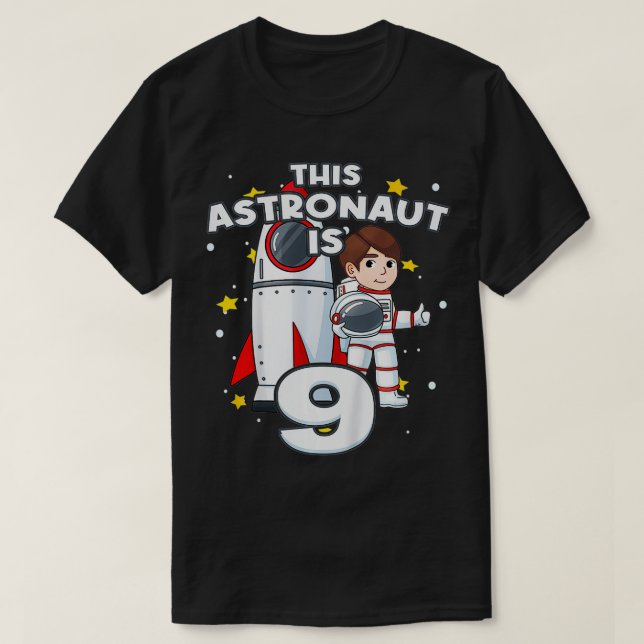 Kids 9th Birthday Rocket Astronaut Astronomy 9 Yea T-Shirt (Design Front)