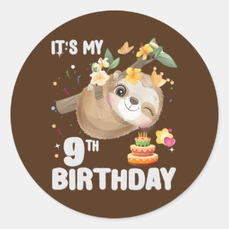 Kids 9th Birthday Sloth Girl Party Cute Sloth Classic Round Sticker