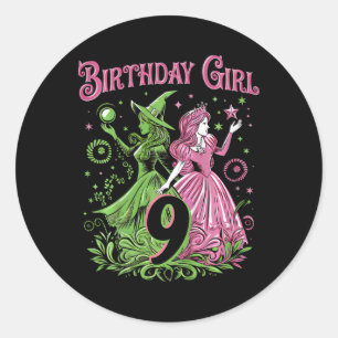 Kids 9th Birthday Witch Pink And Green 9 Years Old Classic Round Sticker