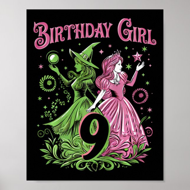 Kids 9th Birthday Witch Pink And Green 9 Years Old Poster (Front)