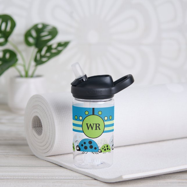 Kids add initials ladybugs green blue water bottle (Yoga)