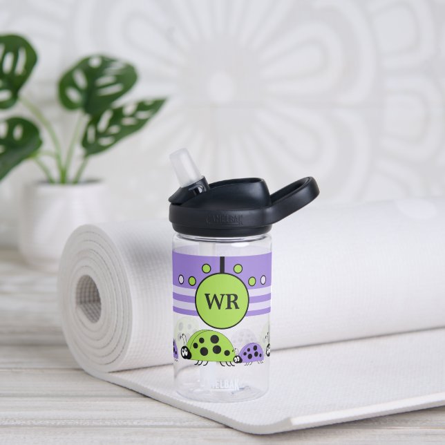 Kids add initials ladybugs purple green water bottle (Yoga)