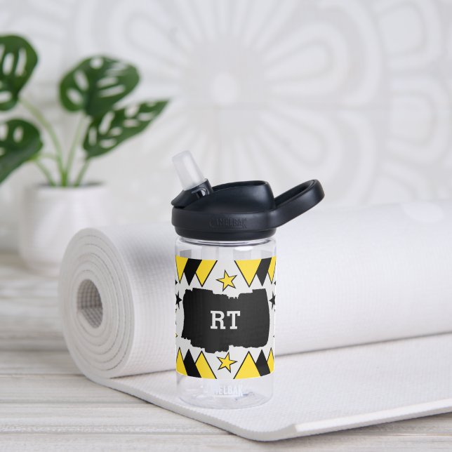 Kids add initials stars triangles black yellow water bottle (Yoga)