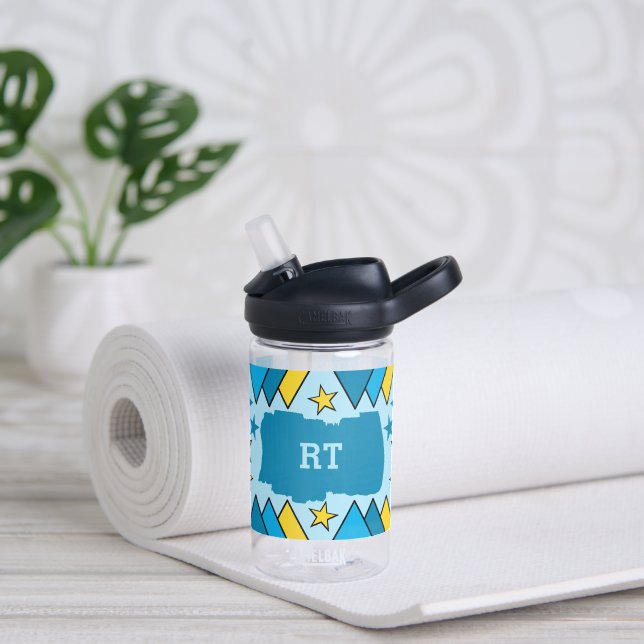 Kids add initials stars triangles blue yellow water bottle (Yoga)