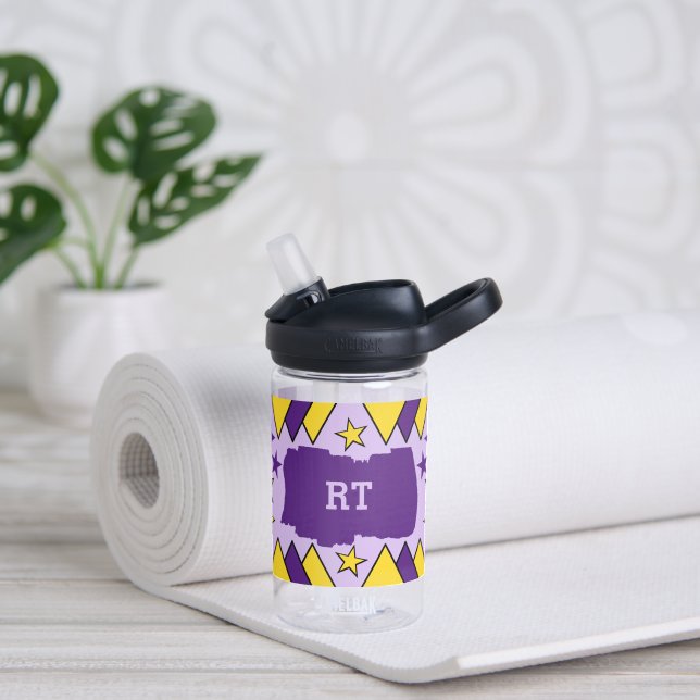 Kids add initials stars triangles purple yellow water bottle (Yoga)