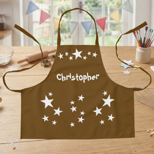 Kid's add name stars white brown apron