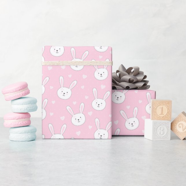 Kids Adorable Bunny Rabbit Easter Pink Hearts Wrapping Paper (Baby Shower)