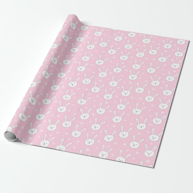 Kids Adorable Bunny Rabbit Easter Pink Hearts Wrapping Paper (Unrolled)