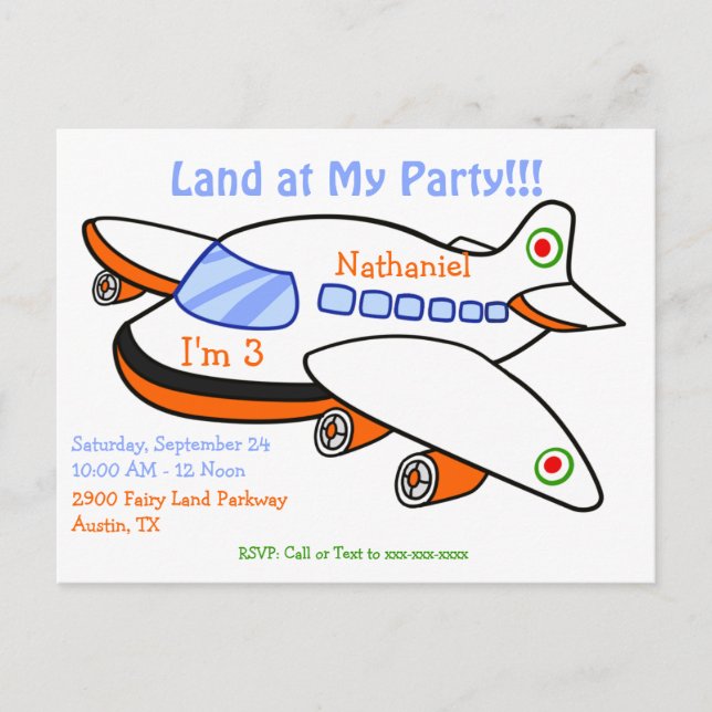 Kids Aeroplane Land at My Birthday Party Invitatio Invitation Postcard (Front)