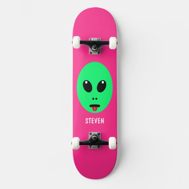 Kids Alien Head Green Pink Personalised Name Skateboard (Front)