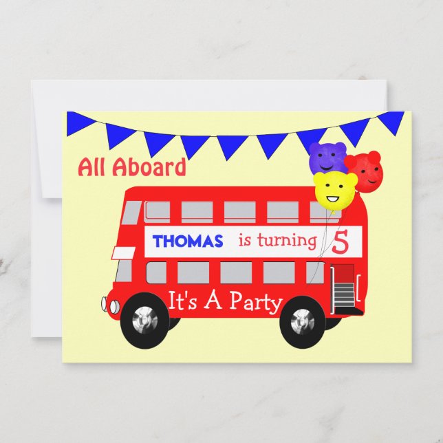 Kids All Aboard Big Red Bus Party Invitation (Front)