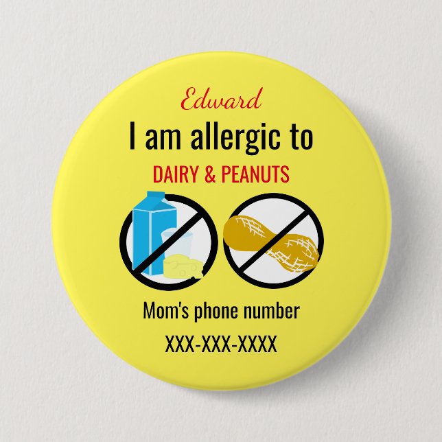 Kids Allergic to Peanuts and Dairy Personalised 7.5 Cm Round Badge (Front)