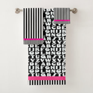 Kids Alphabet Black Stripes Hot Pink Bath Towel Set