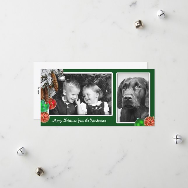 Kids and Dog Two Photo Christmas Card (Front/Back In Situ)