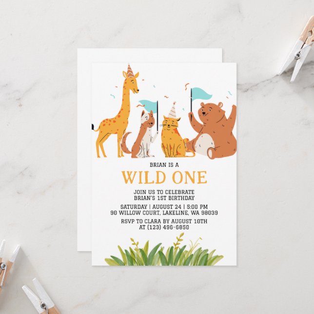 kids animal jungle wild one first birthday invitation (Front/Back In Situ)