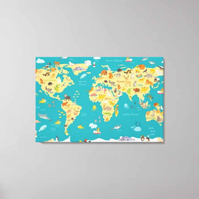 Kids Animal Map of the World Canvas Print (Front)