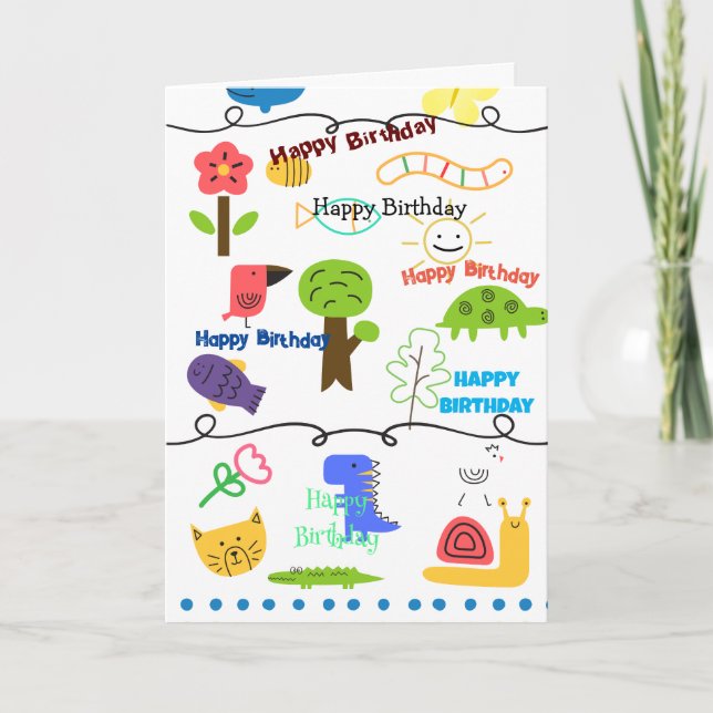 Kids Animal Themed Drawings Birthday Card (Front)
