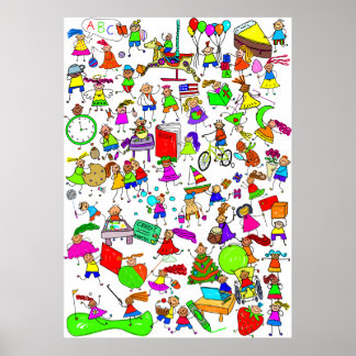 Kids Are Great Cute Cartoon Stick Figure Montage Poster