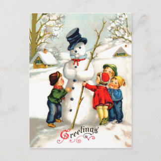 Kids are Making a Big Snowman, Vintage Holiday Postcard