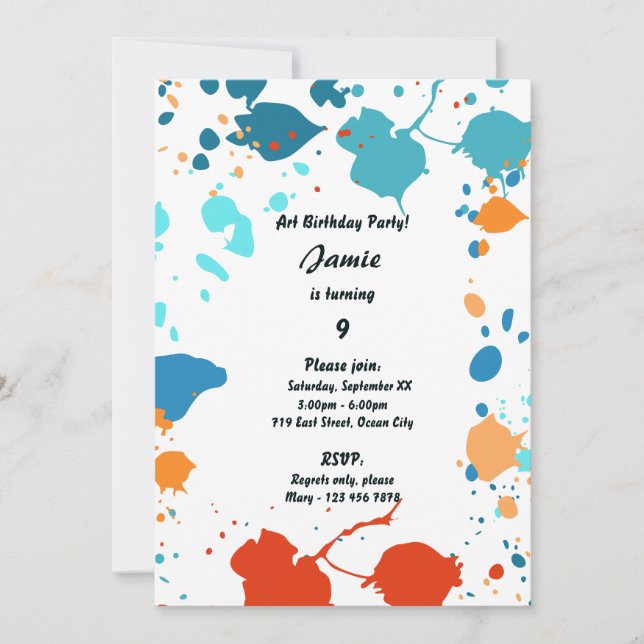 Kids Art Themed 9th Birthday Party Invitation (Front)