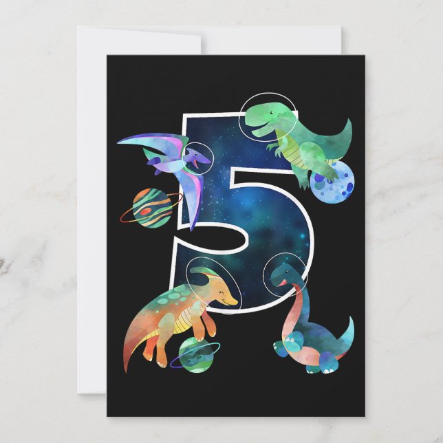 Kids Astronaut Outer Space Dinosaurs 5th Birthday  Invitation (Front)