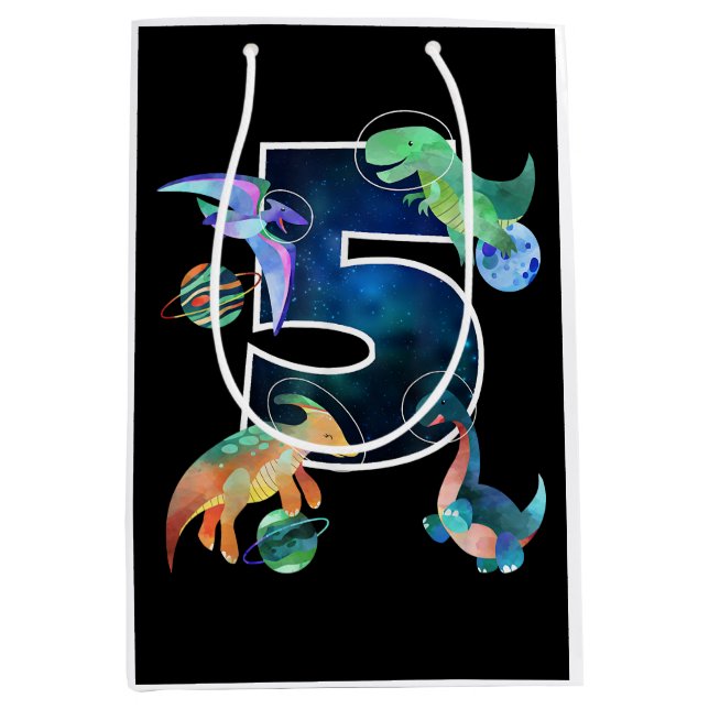 Kids Astronaut Outer Space Dinosaurs 5th Birthday  Medium Gift Bag (Front)