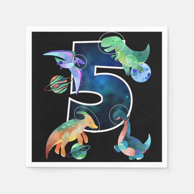 Kids Astronaut Outer Space Dinosaurs 5th Birthday  Napkin (Front)