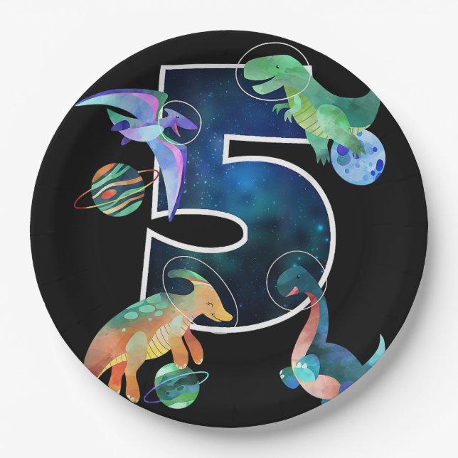 Kids Astronaut Outer Space Dinosaurs 5th Birthday  Paper Plate (Front)