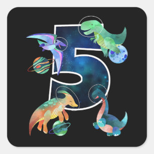 Kids Astronaut Outer Space Dinosaurs 5th Birthday  Square Sticker