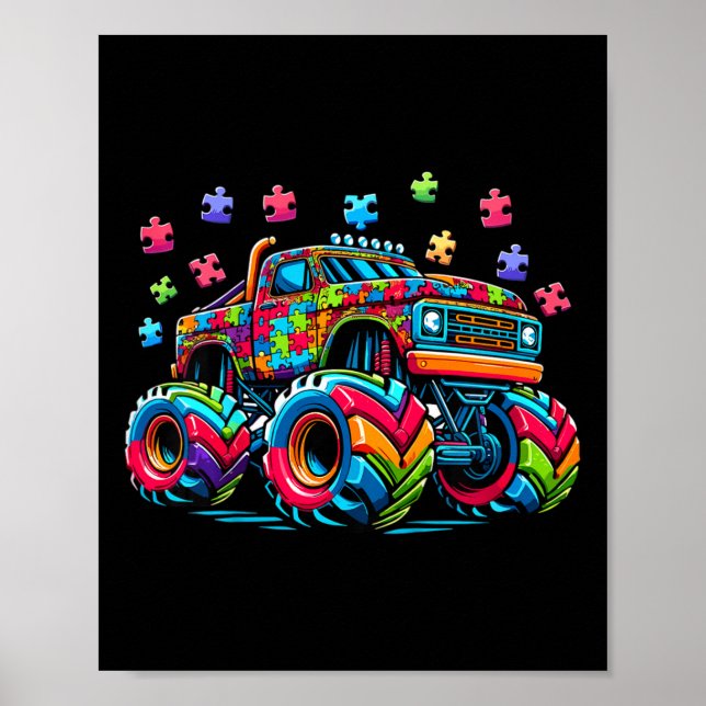 Kids Autism Awareness Monster Truck Puzzle Autism  Poster (Front)