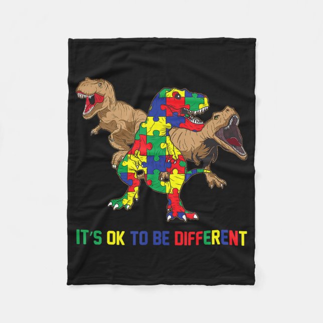 Kids Autism Awareness Ribbon T-Rex Dino Dinosaur B Fleece Blanket (Front)