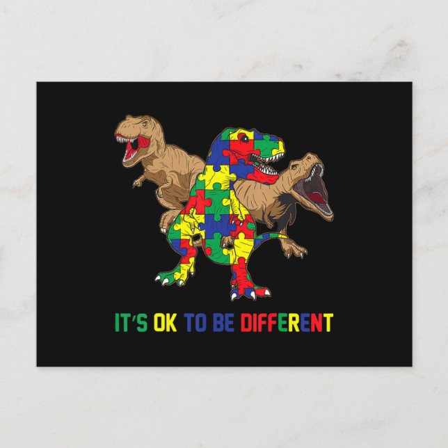 Kids Autism Awareness Ribbon T-Rex Dino Dinosaur B Postcard (Front)