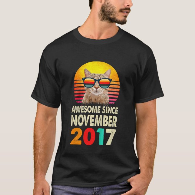 Kids Awesome Since November 2017 5th Birthday Cat  T-Shirt (Front)