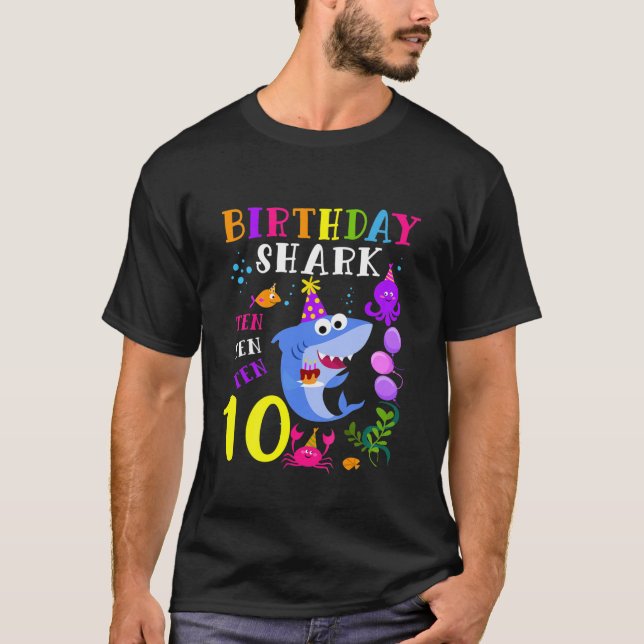 Kids Baby Cute Shark 10Th Birthday Boy Girl 10 Yea T-Shirt (Front)