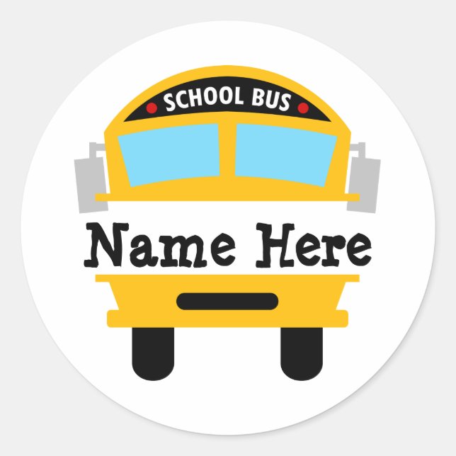 Kids Back to School Bus Personalise Name Classic Round Sticker (Front)